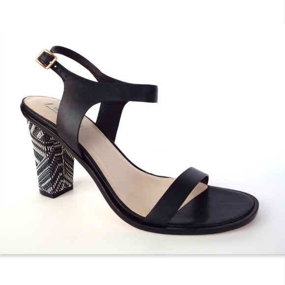 Unworn COLE HAAN Black Leather Ankle Strap Woven Wrapped Block Heel Sandals 8.5 - Picture 2 of 8